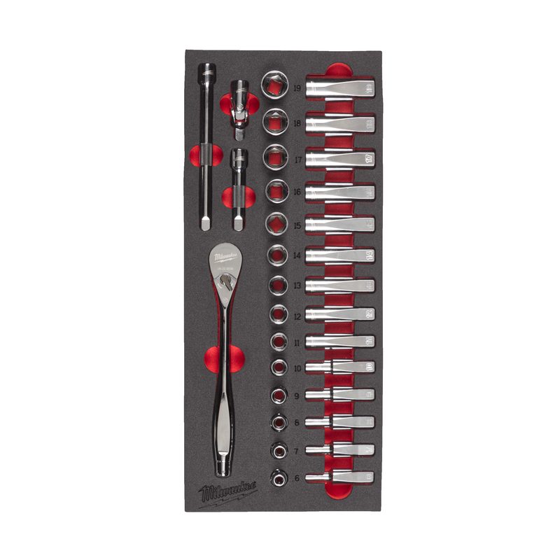 Milwaukee 3/8" pěnová vložka s nástrčnými klíči a ráčnou 32 ks