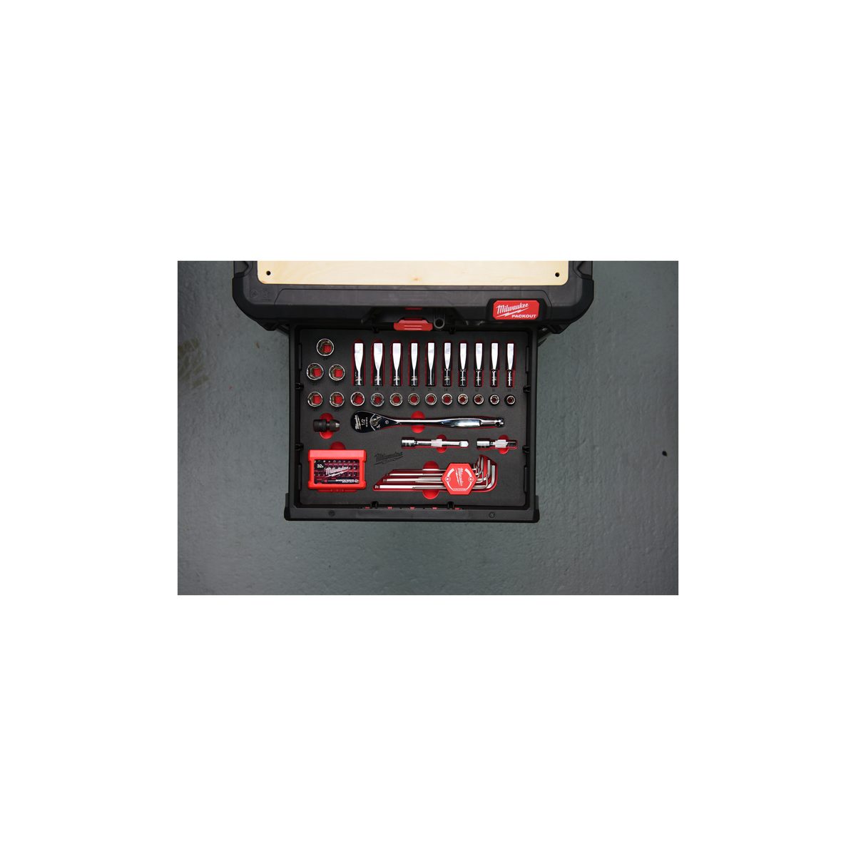 Milwaukee Packout pěnová vložka 1/2“ s ráčnou, imbus, bity - 70 ks