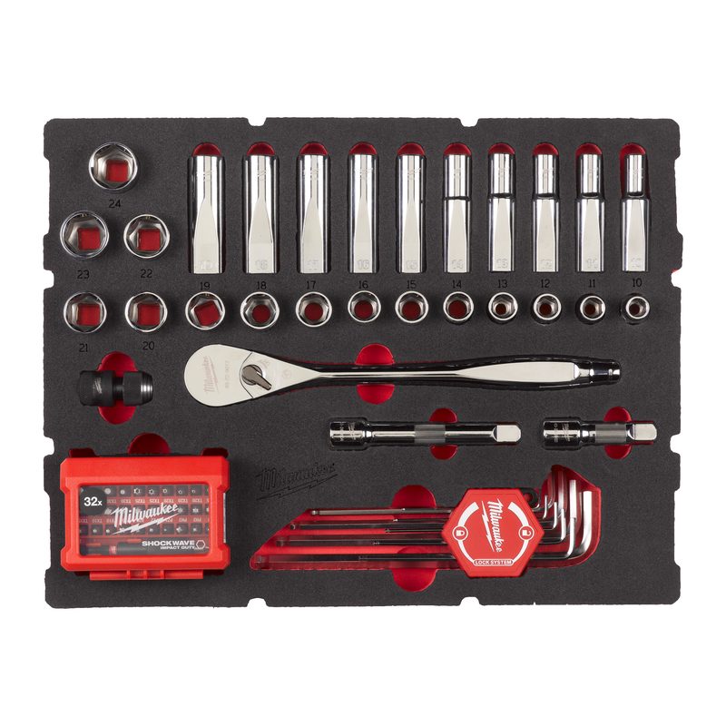 Milwaukee Packout pěnová vložka 1/2“ s ráčnou, imbus, bity - 70 ks