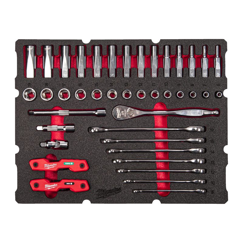 Milwaukee Sada 38ks PACKOUT 3/8 gola sada a ráč.kliče v pěnové vložky do šuplíků