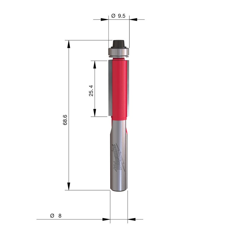 Milwaukee Zarovnávací fréza s ložiskem stopka 8 mm ⌀9,5 × 68,2 mm