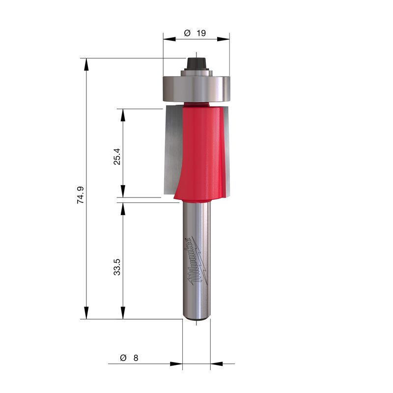 Milwaukee Zarovnávací fréza s ložiskem stopka 8 mm 19 × 74,5 mm – ⌀19 mm