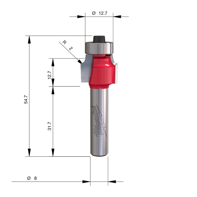Milwaukee S8 Zaoblovací fréza 16,7 × 54,4 mm stopka 8 mm – ⌀16,7 mm
