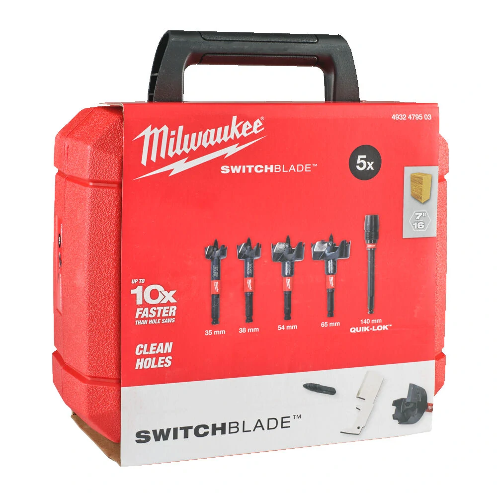 Milwaukee Sada samořezných vrtáků SWITCHBLADE 5ks - 35,38,54,65mm + prodloužení 140mm