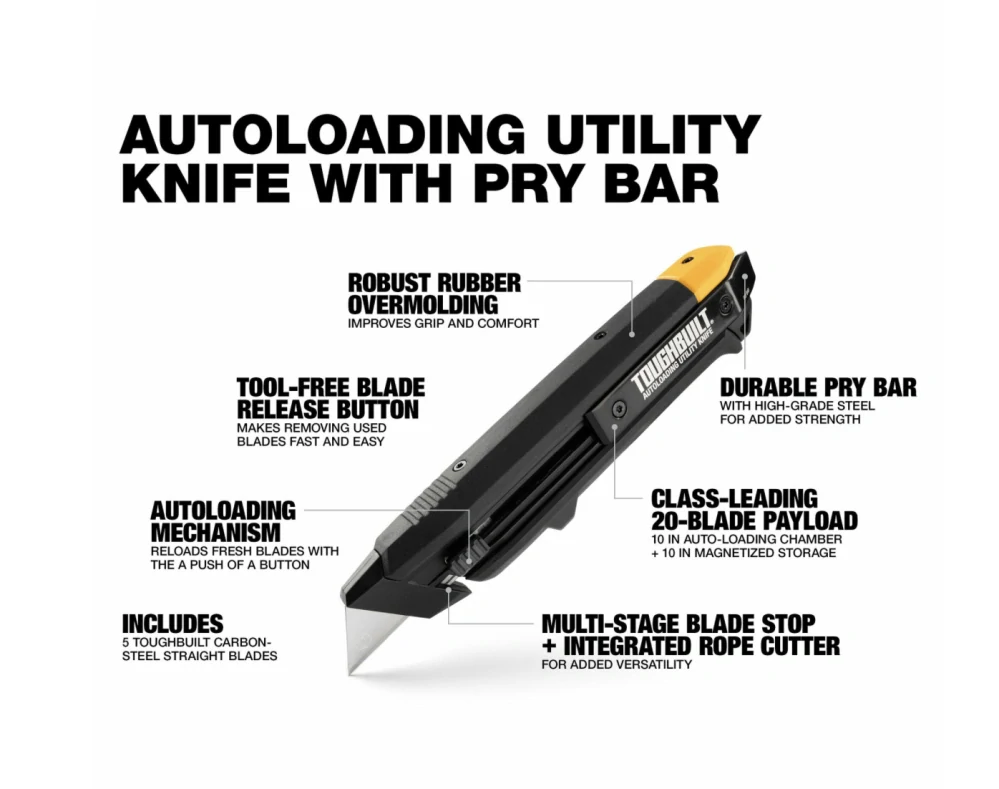 ToughBuilt Zatahovací nůž s autonabíjením a páčidlem