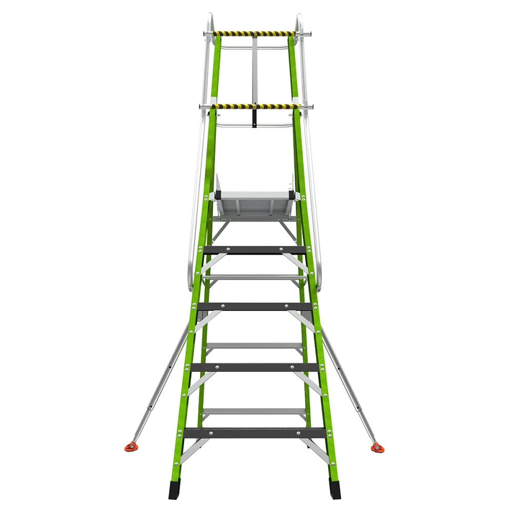Little Giant - Stadium 5 - skládací plošinový žebřík z nevodivého materiálu Fiberglass s pevnou plně uzavřenou klecí a podpěrnými nohami