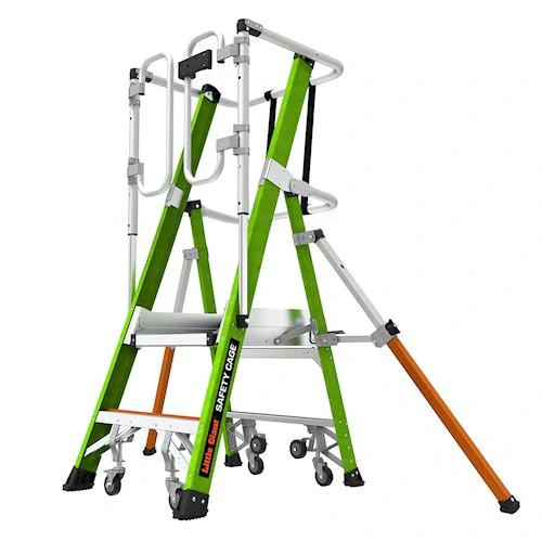 Little Giant - Safety Cage 2 -skládací pojízdný plošinový žebřík z nevodivého materiálu Fiberglass s pevnou plně uzavřenou klecí
