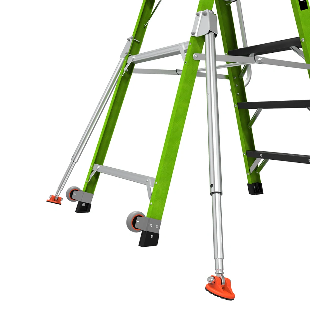 Little Giant - Stadium 4 - skládací plošinový žebřík z nevodivého materiálu Fiberglass s pevnou plně uzavřenou klecí a podpěrnými nohami