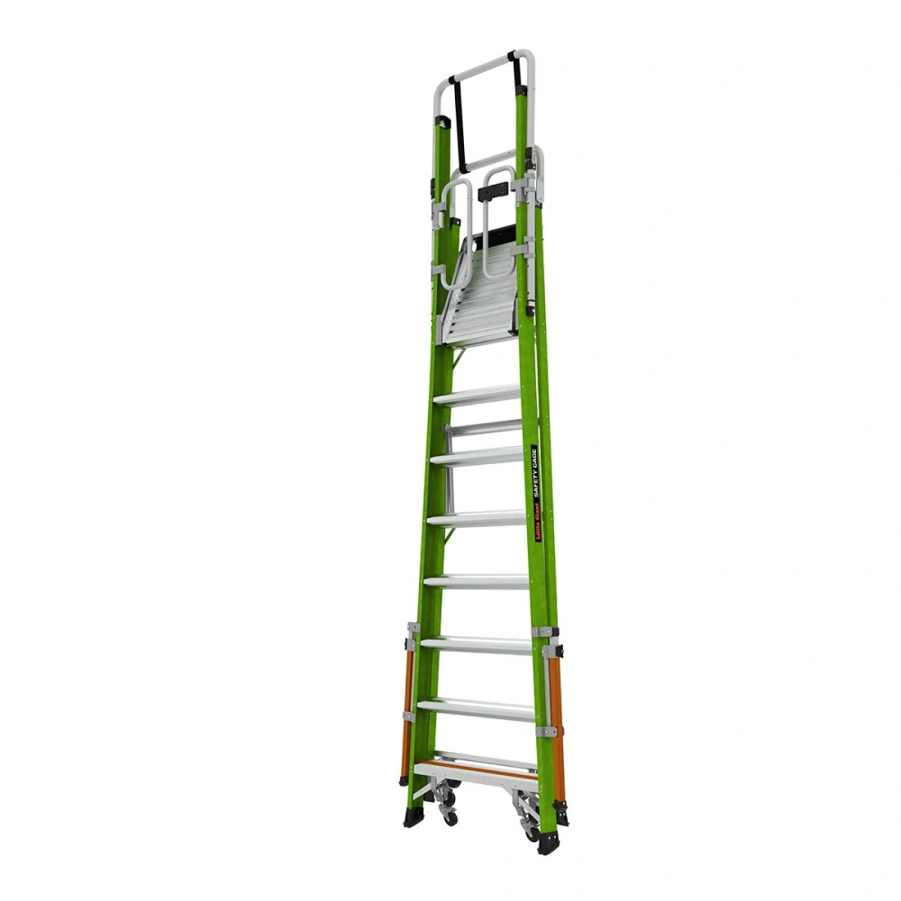 Little Giant - Safety Cage 8 -skládací pojízdný plošinový žebřík z nevodivého materiálu Fiberglass s pevnou plně uzavřenou klecí