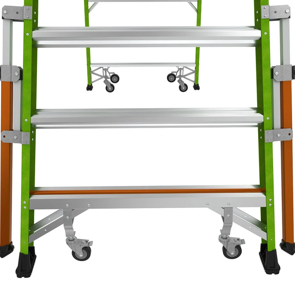 Little Giant - Safety Cage 10 -skládací pojízdný plošinový žebřík z nevodivého materiálu Fiberglass s pevnou plně uzavřenou klecí